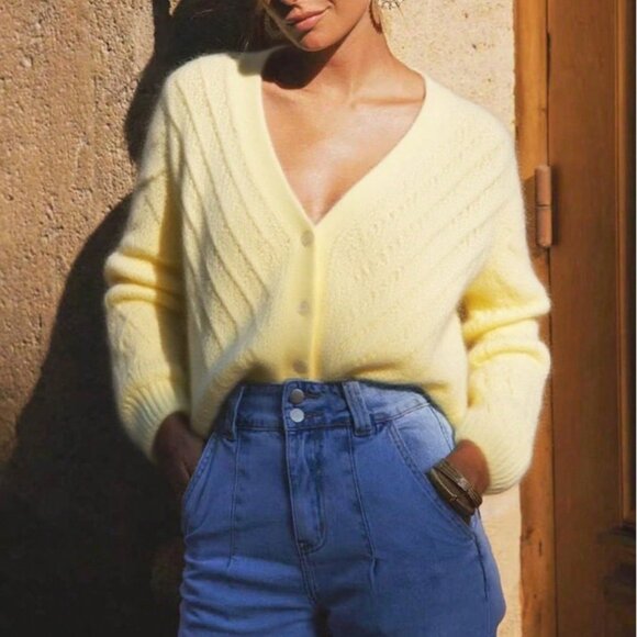 Yellow Casual Women's Cardigan Long Sleeve Knit Sweater Jacket - Picture 3 of 4